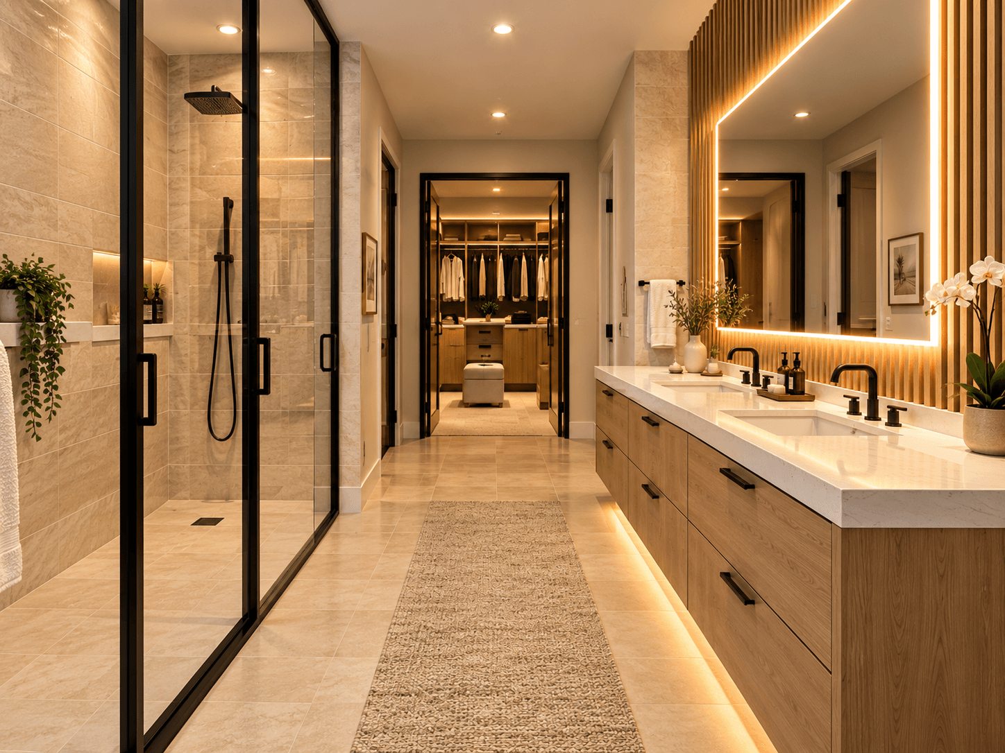 Spa-style primary bathroom with glass shower, backlit vanity mirror, and view into the walk-in closet