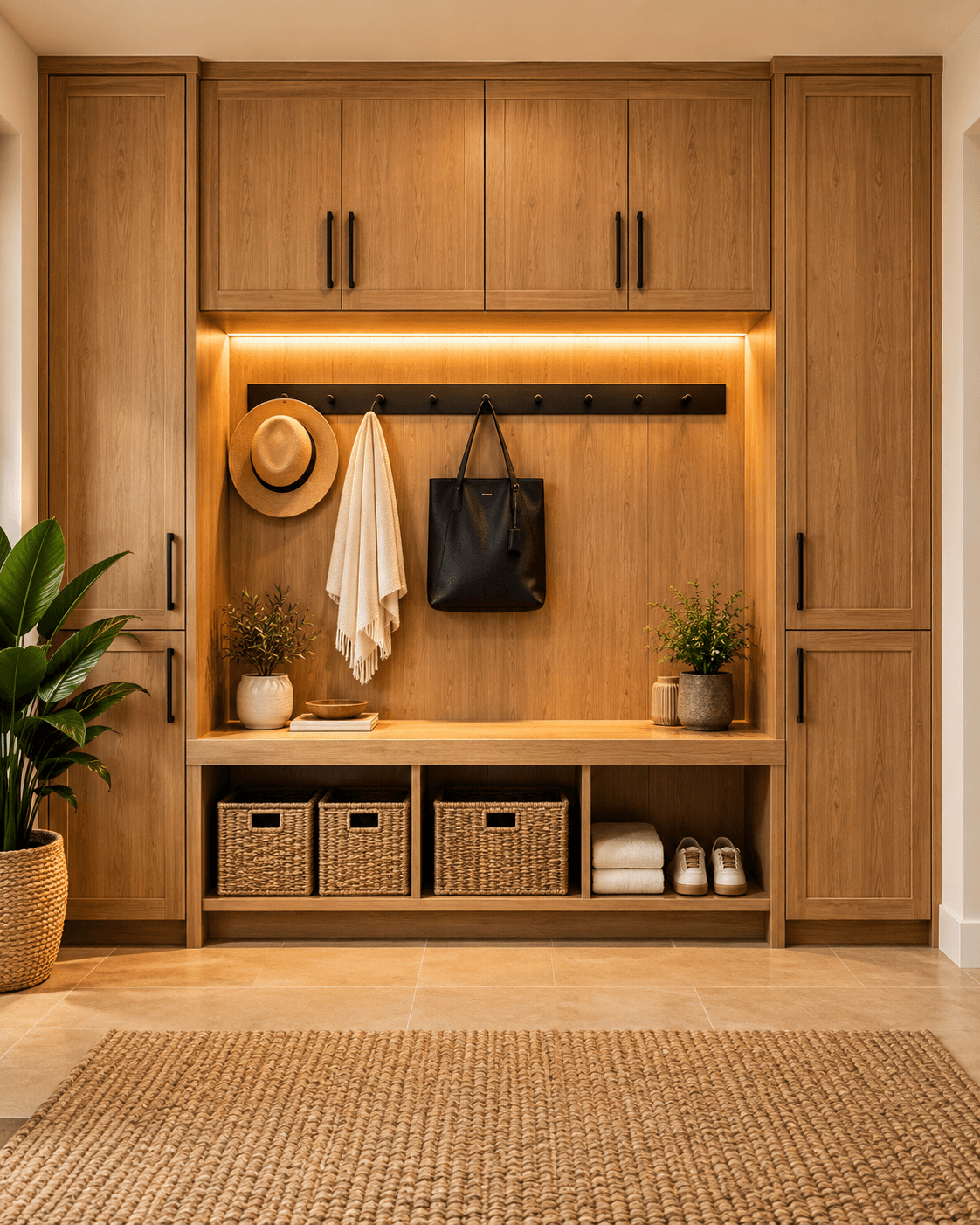 Custom wood built-in closet and mudroom storage with bench and cubbies