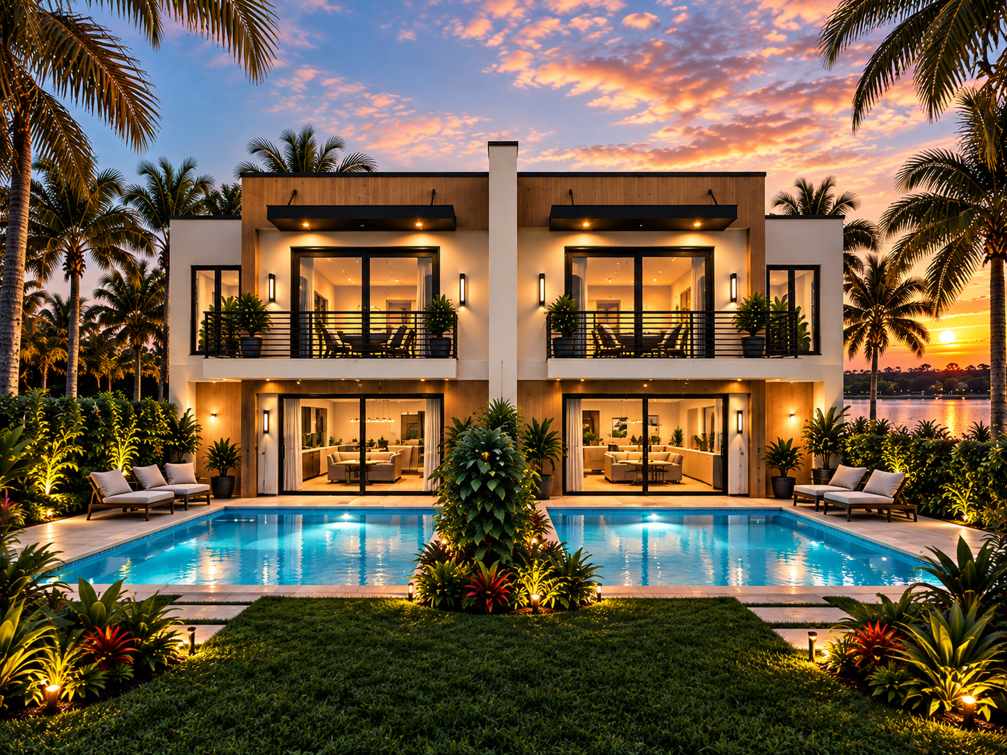 Twilight view of townhomes with optional private pools
